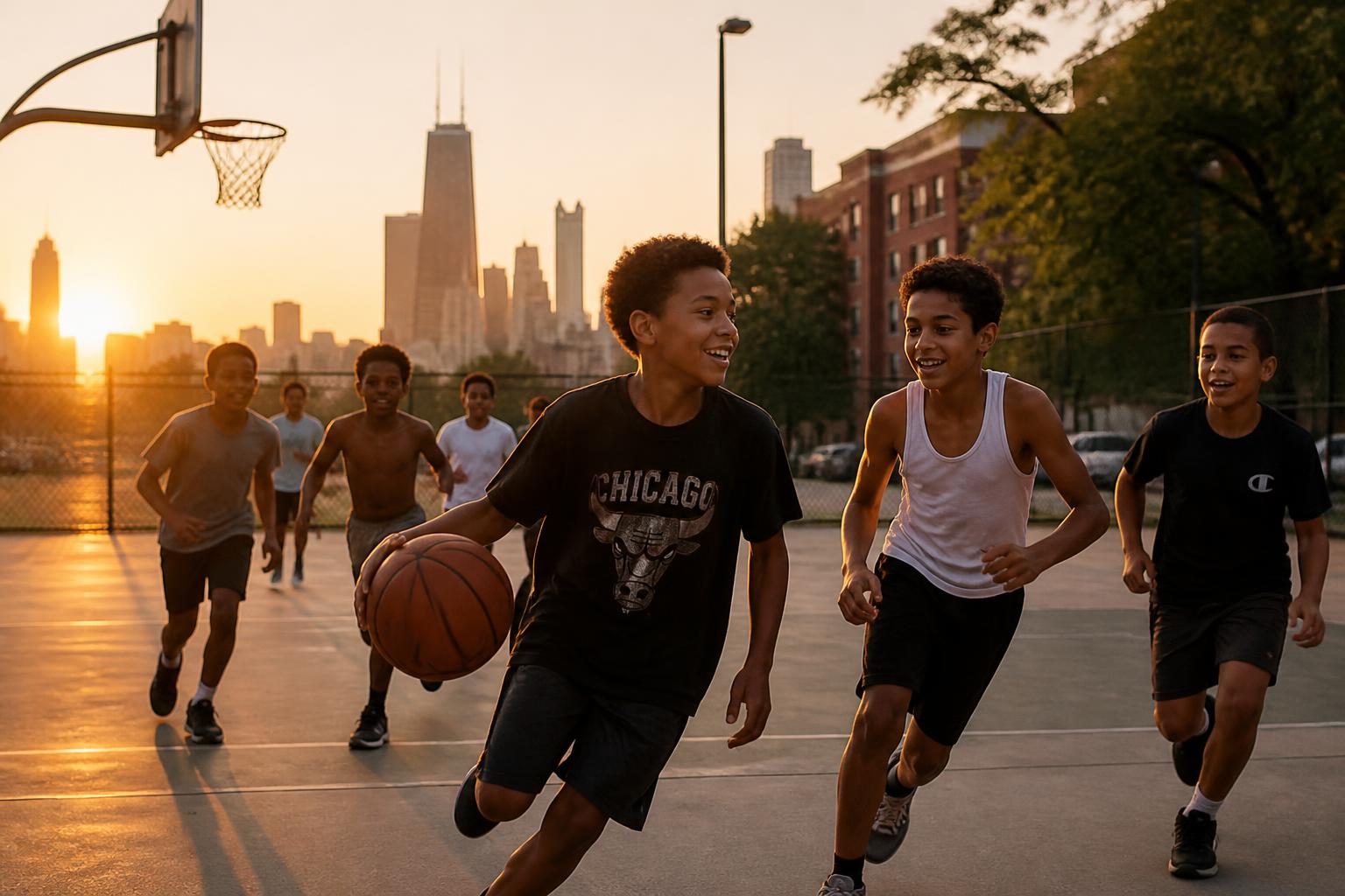 Chicago youth playing basketball at golden hour